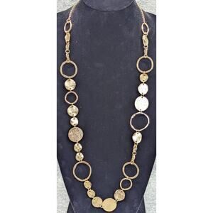 Long Chain Necklace, Gold-tone Disks and Hoops, Lobster Clasp, 32"